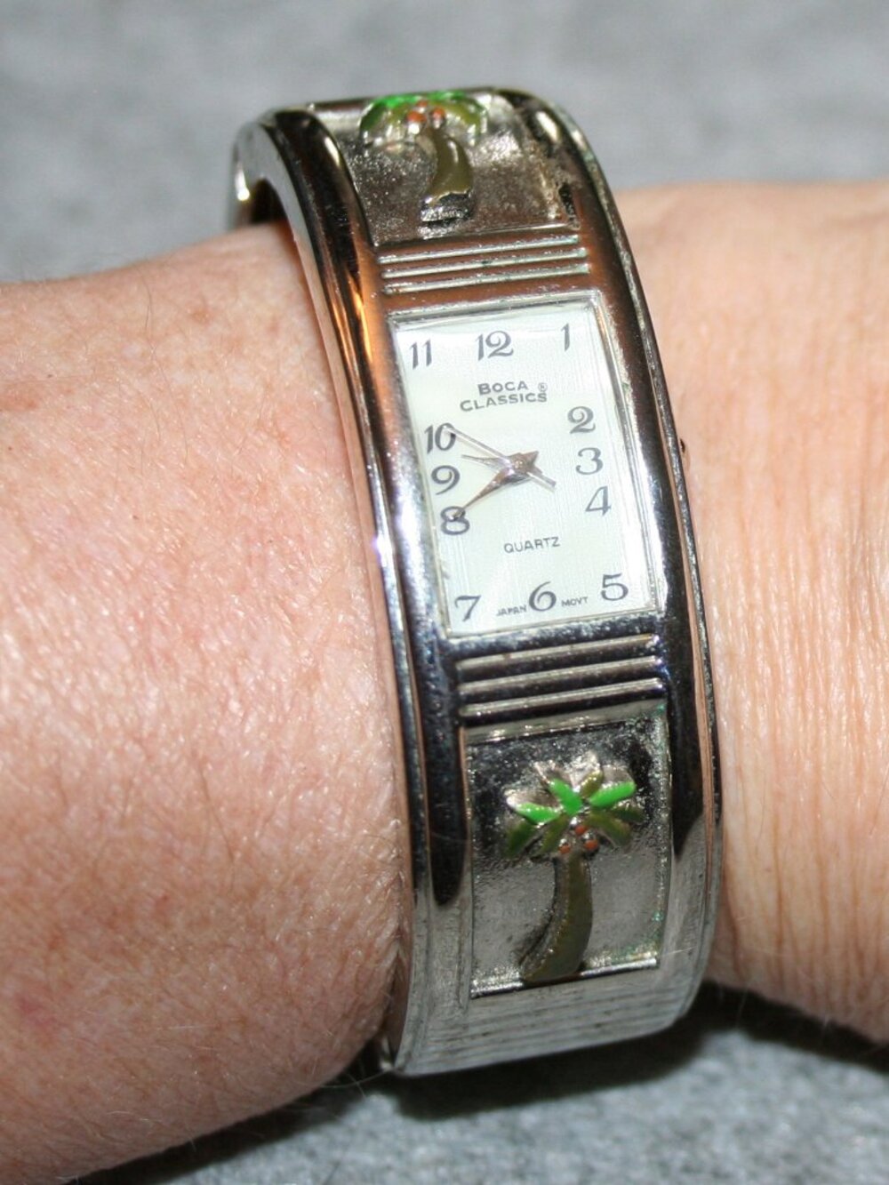 Boca Classics Bangle Quartz Watch PL1702S Etched Painted Palm Tree Design Band